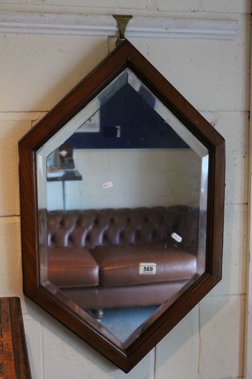 Arts and Crafts Mahogany Framed Shaped Mirror with deep bevelled edge, 79cms x 48cms