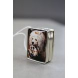 Silver and Enamel Pill Box with Pictorial Image of a Dog and Kittens