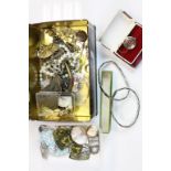 Box of vintage Costume jewellery etc to include; Enamel Buckles, Cameo's Metamorphic brooch,
