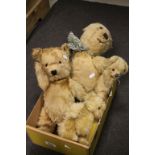 Three Vintage Golden Teddy Bears with stitched noses and mouths together with Modern Teddy Bear