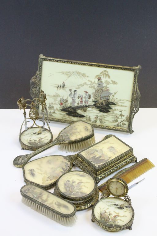 Mid 20th century Complete Vanity / Dressing Table Set with Gilt Metal Mounts and decorated with