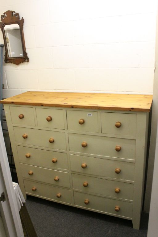 Large Pine Part Painted Chest of a Bank of Twelve Drawers, 140cms long x 120cms high x 47cms deep