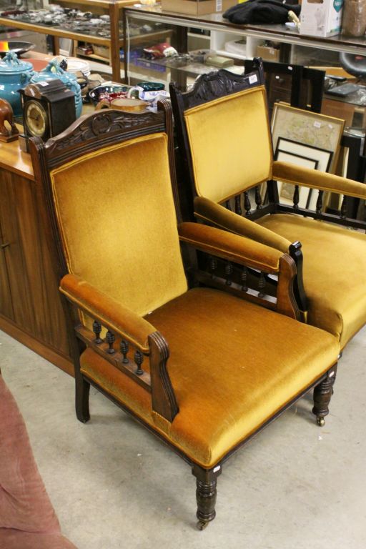 Two Matched Late Victorian / Edwardian Armchairs, both upholstered in matching Gold Velvet Fabric - Image 2 of 6