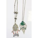 Peruvian Chrysolla necklace with Silver chain and a Tunisian necklace with Coral & Coin decoration