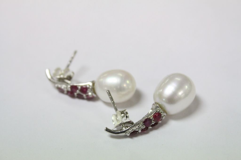 Pair of Silver Freshwater Pearl and Ruby Drop Earrings