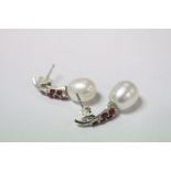 Pair of Silver Freshwater Pearl and Ruby Drop Earrings