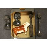 Beswick Hereford Bull (a/f) together with a Pair of African Ebony Tribal Busts and another Pair of
