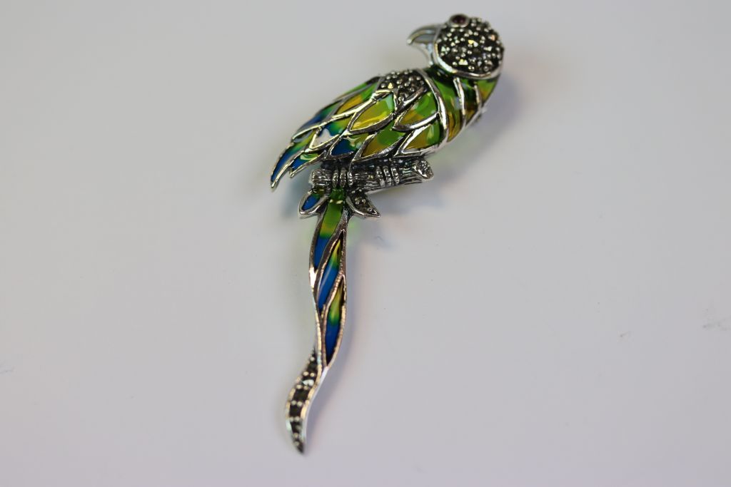 Silver and Plique A Jour Bird Brooch