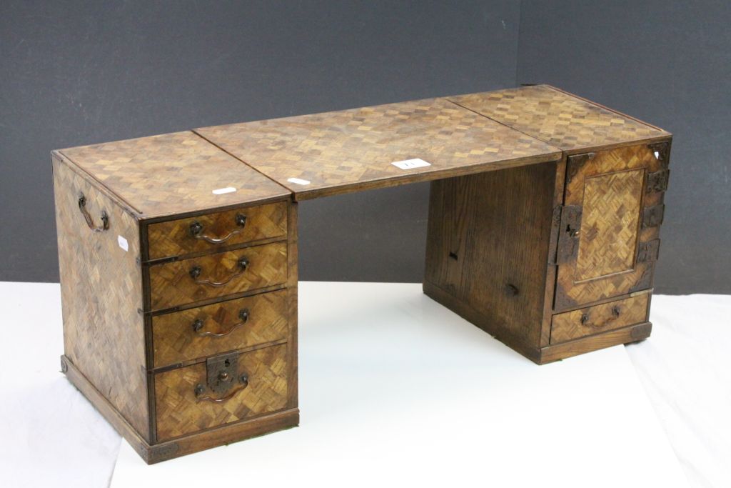 Apprentice Oriental Parquetry Desk comprising Pedestal of Four Drawers, Pedestal of a Cupboard
