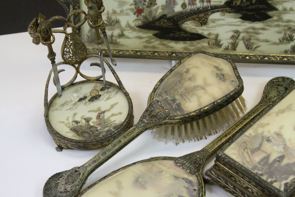Mid 20th century Complete Vanity / Dressing Table Set with Gilt Metal Mounts and decorated with - Image 4 of 5