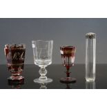 Two 19th century Red Overlaid Wine Glasses, one octagonal with each panel over painted with an