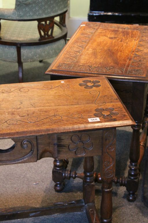 Oak Gothic Style Side Table, the top and apron carved with flowers raised on square and baluster - Image 3 of 3