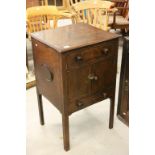 Georgian Mahogany Washstand with hinged lid above cupboard above drawer, raised on square legs,