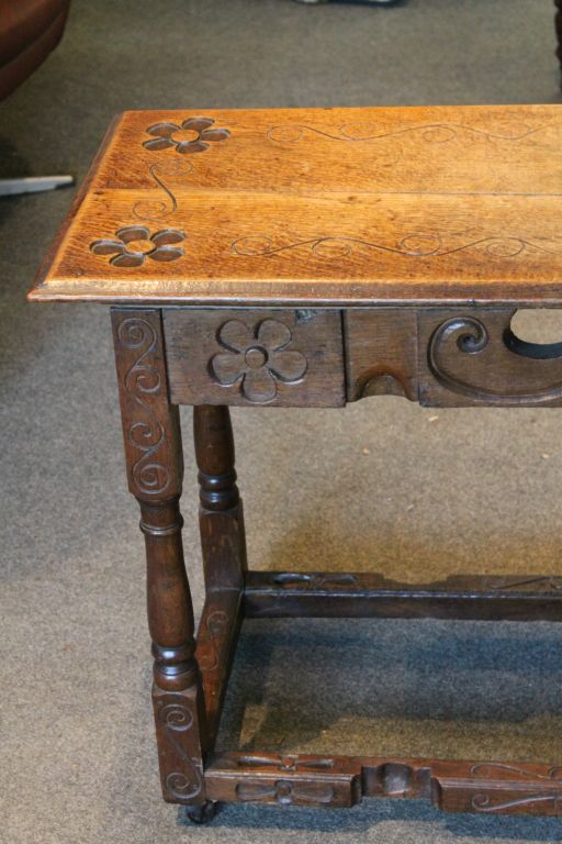 Oak Gothic Style Side Table, the top and apron carved with flowers raised on square and baluster - Image 2 of 3