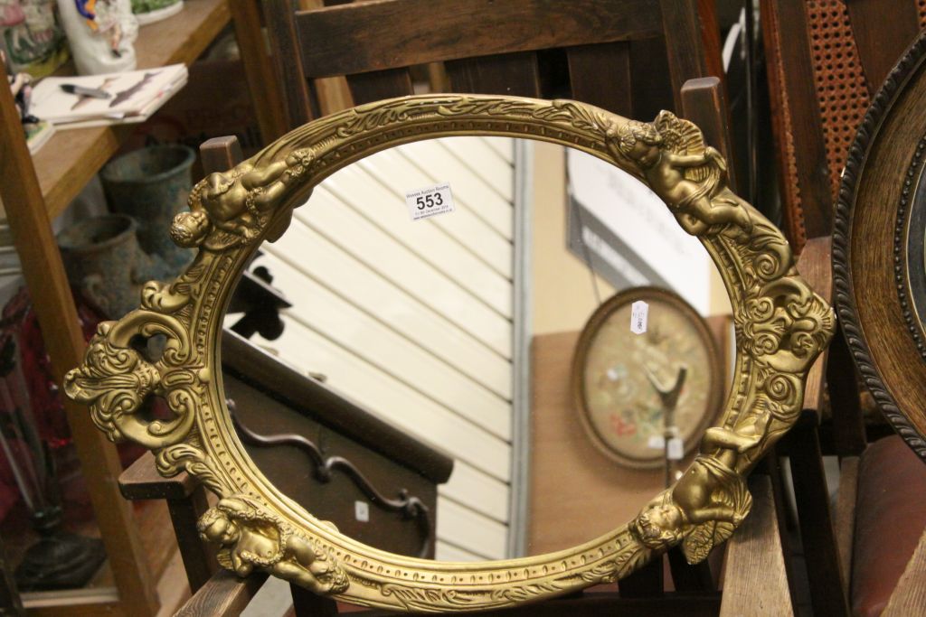 Mid 20th century Gilt Framed Oval Mirror surmounted by Cherubs together with Oval Oak Framed - Image 2 of 3