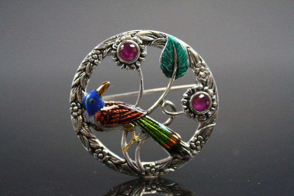 Silver and Enamel Set Bird Brooch