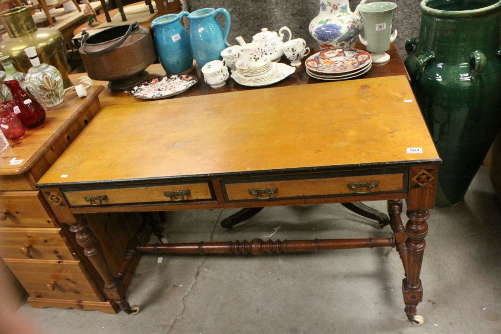 Late Victorian Arts and Crafts Side Table with Inlaid Panels, Two Drawers and raised on Turned - Image 4 of 4