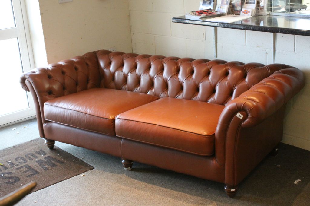 Thomas Lloyd Tan Leather Button Back Chesterfield Sofa, 220cms long x 95cms deep x 70cms high