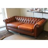 Thomas Lloyd Tan Leather Button Back Chesterfield Sofa, 220cms long x 95cms deep x 70cms high