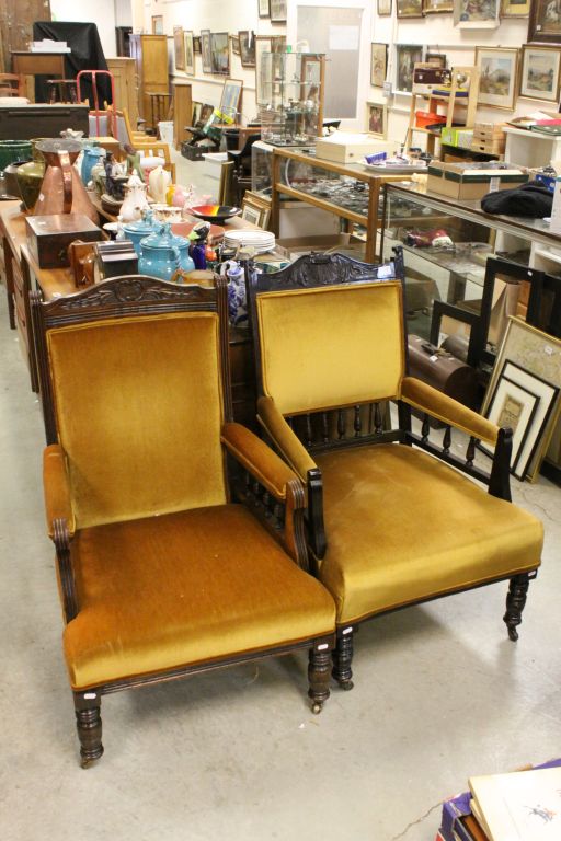 Two Matched Late Victorian / Edwardian Armchairs, both upholstered in matching Gold Velvet Fabric