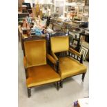 Two Matched Late Victorian / Edwardian Armchairs, both upholstered in matching Gold Velvet Fabric