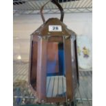 Arts & Crafts copper hall lantern, 13" tall and 7" wide, 6 glass panels inset, 3 coloured and 3