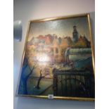 Oil painting on canvas c1950's of a French Town Scene, 24" x 30" approx c1940's-50's