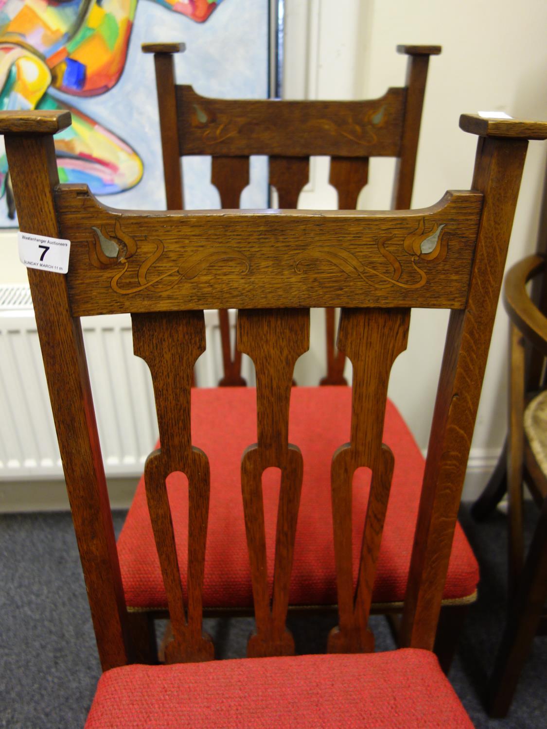 Pair of oak Art Nouveau chairs with inlaid decoration to the back, burgundy upholstered - Image 2 of 3