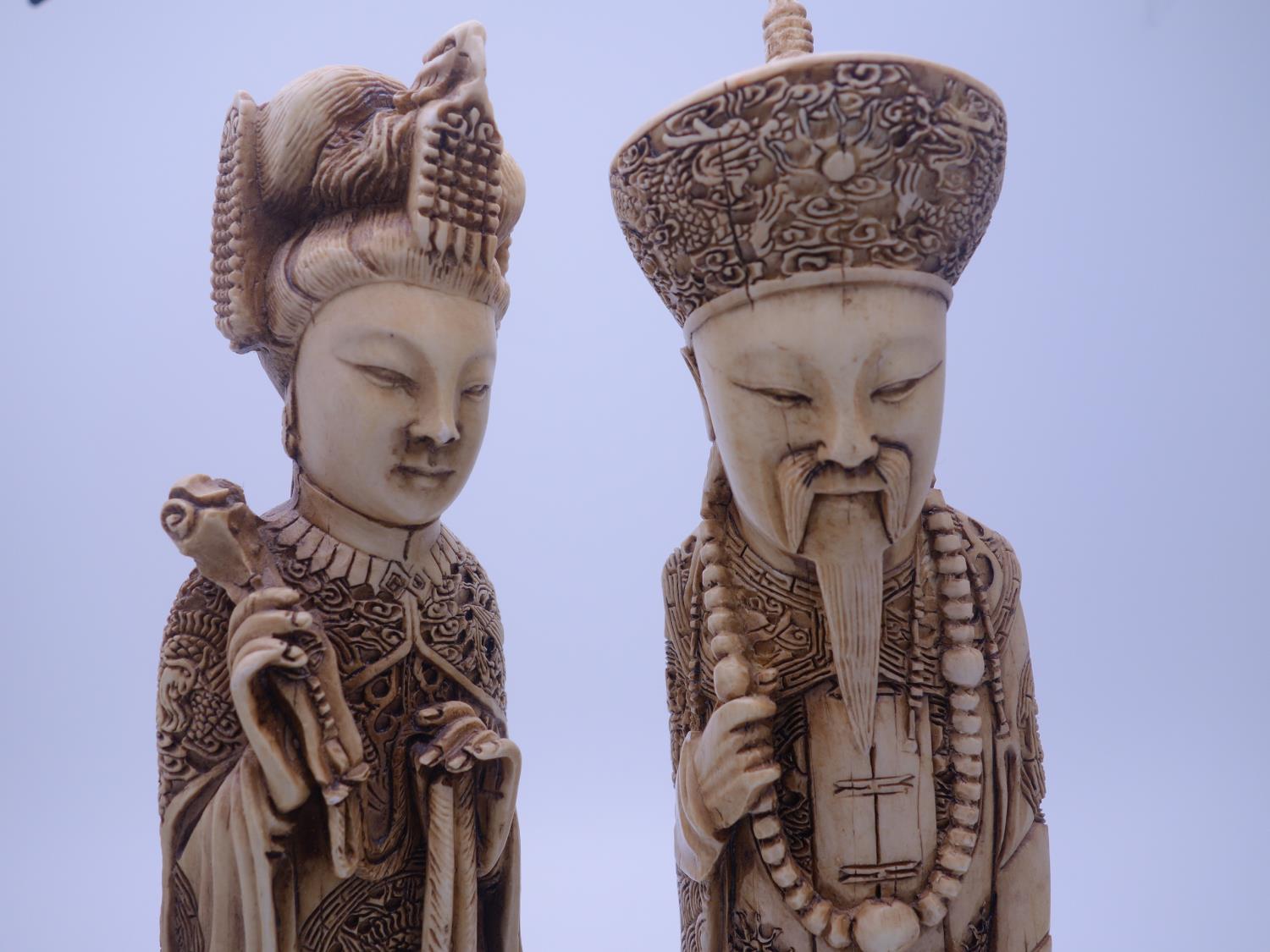 Pair of composite material ivory style figurines of Chinese's Lady and Man, 8" tall makers marks
