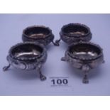 Matching set of 4 x silver salts with a London h/m 1872, makers TS, each one on tripod supports, 257