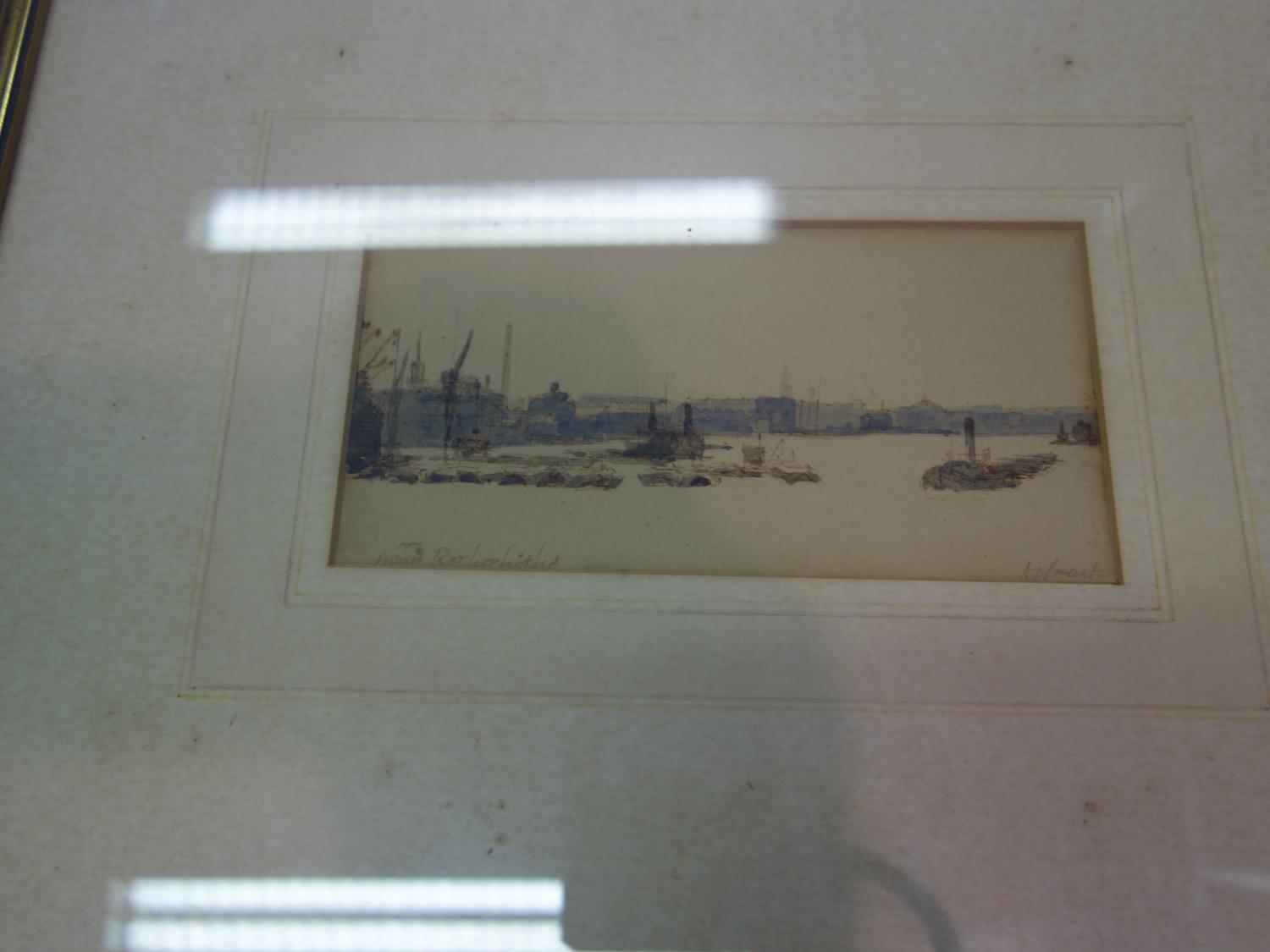 Douglas Ion Smart, gilt f/g watercolour of a tug boat on the Thames, panoramic Thames view image - Image 2 of 2