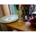 Shelf of collectors items to include 2 x Royal Worcester plates, 3 x items of glass, Beswick jug,