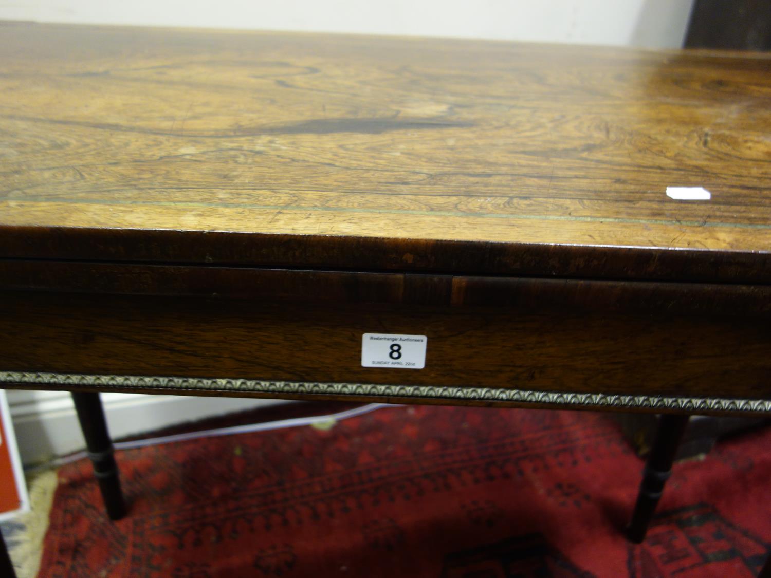 Regency period rosewood tea table, brass inlaid to the top on 4 turned supports, the back 2 with a - Image 2 of 4