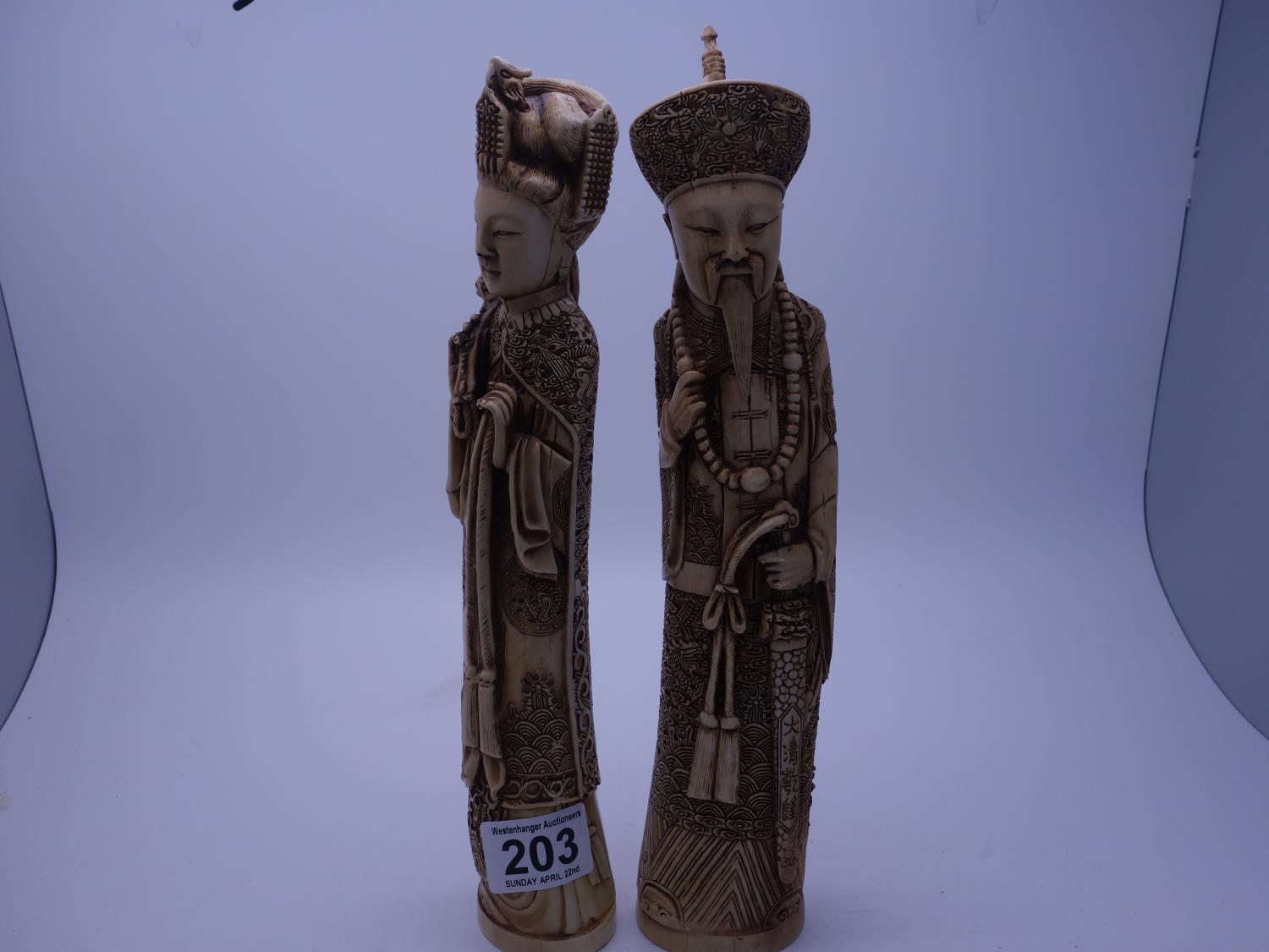 Pair of composite material ivory style figurines of Chinese's Lady and Man, 8" tall makers marks - Image 2 of 2