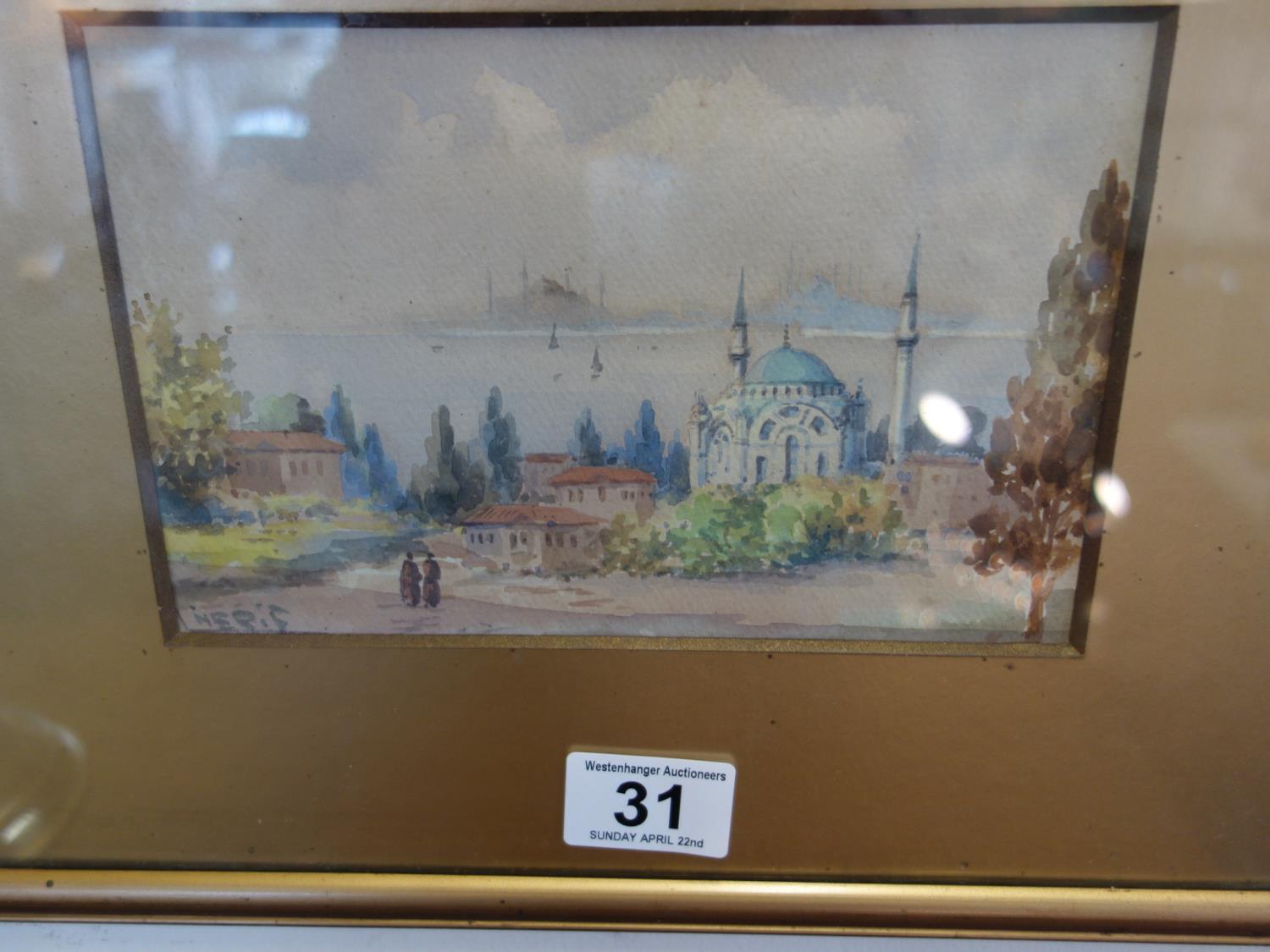 Small interesting watercolour, c1880-1900 signed bottom left Heris? a scene depicting Istanbul, ?