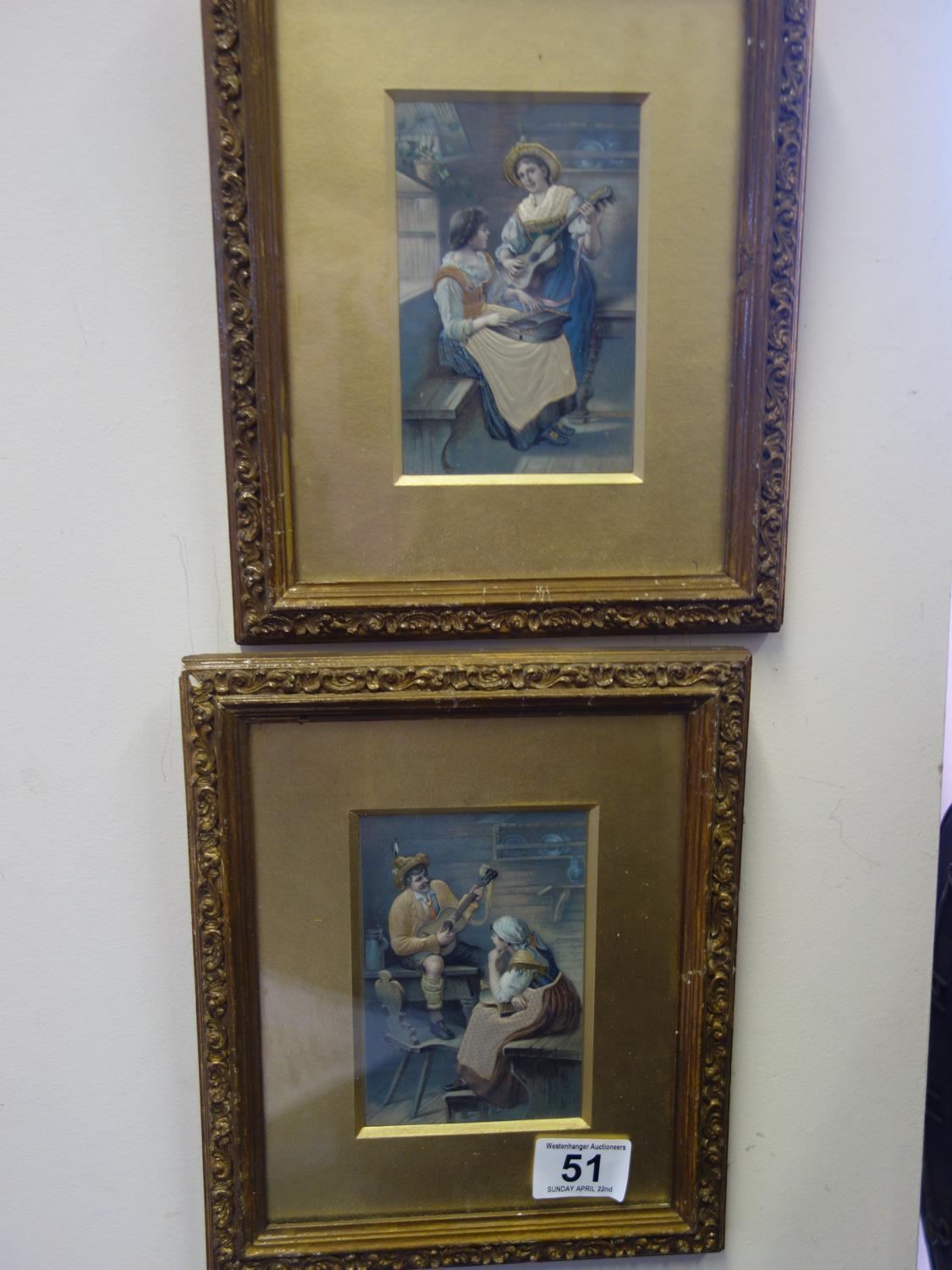 Pair of small chromolithograph hand touched early 20th century prints of Musicians in an interior