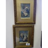 Pair of small chromolithograph hand touched early 20th century prints of Musicians in an interior