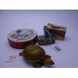Tin plate clock work tortoise with key c1950's, tin plate Gescha Express Boy with key, a clockwork