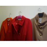 Jaeger, red jacket, all wool, salmon red jacket all wool, and a beige cashmere and wool overcoat