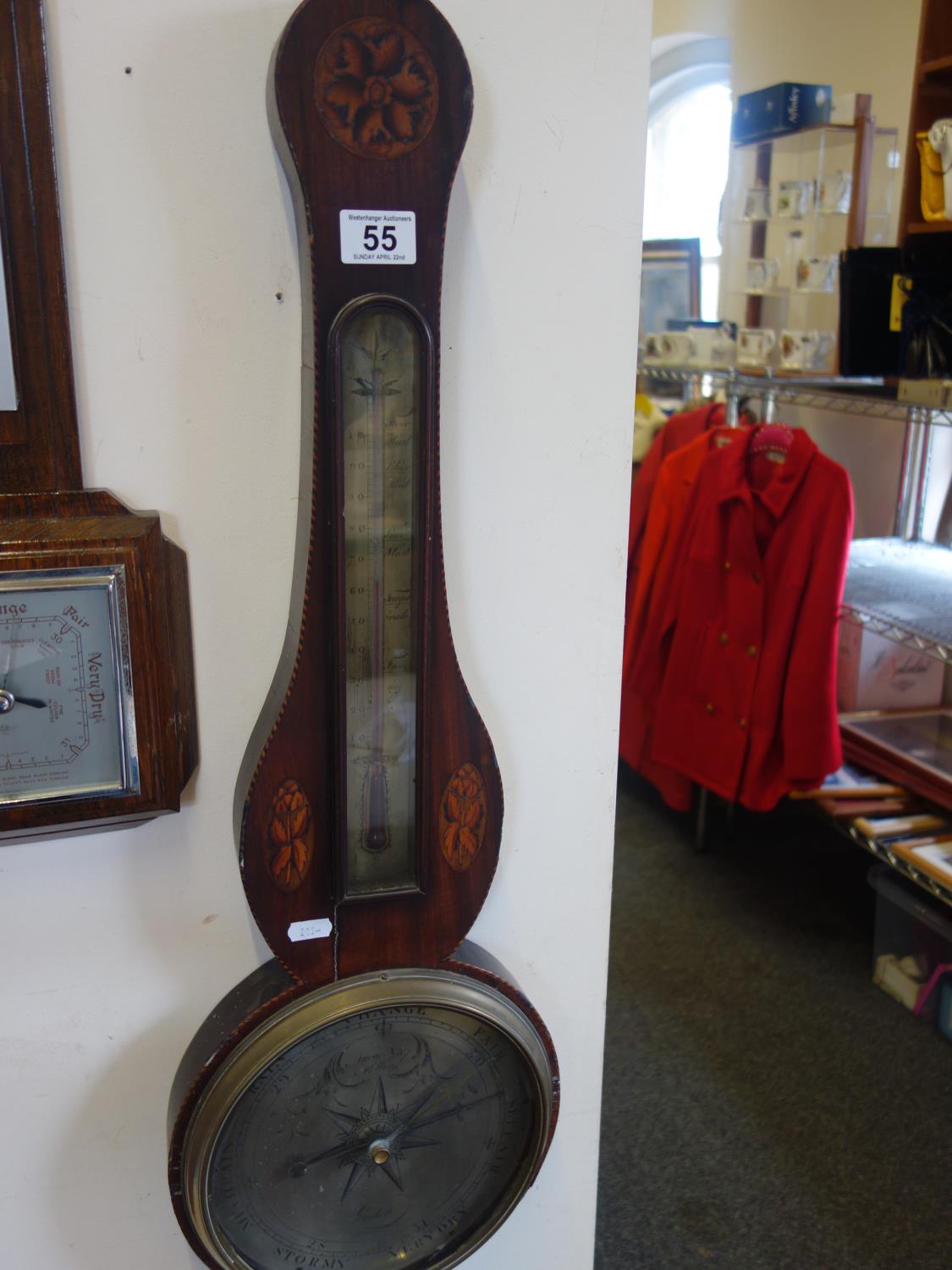 c1850's rosewood and fruit-wood inlaid barometer, silver dial. Anone No:87 probably Francis Anone.