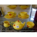 Art Deco period hand painted yellow and orange design Tea for Two, comprising breakfast bowl, tea