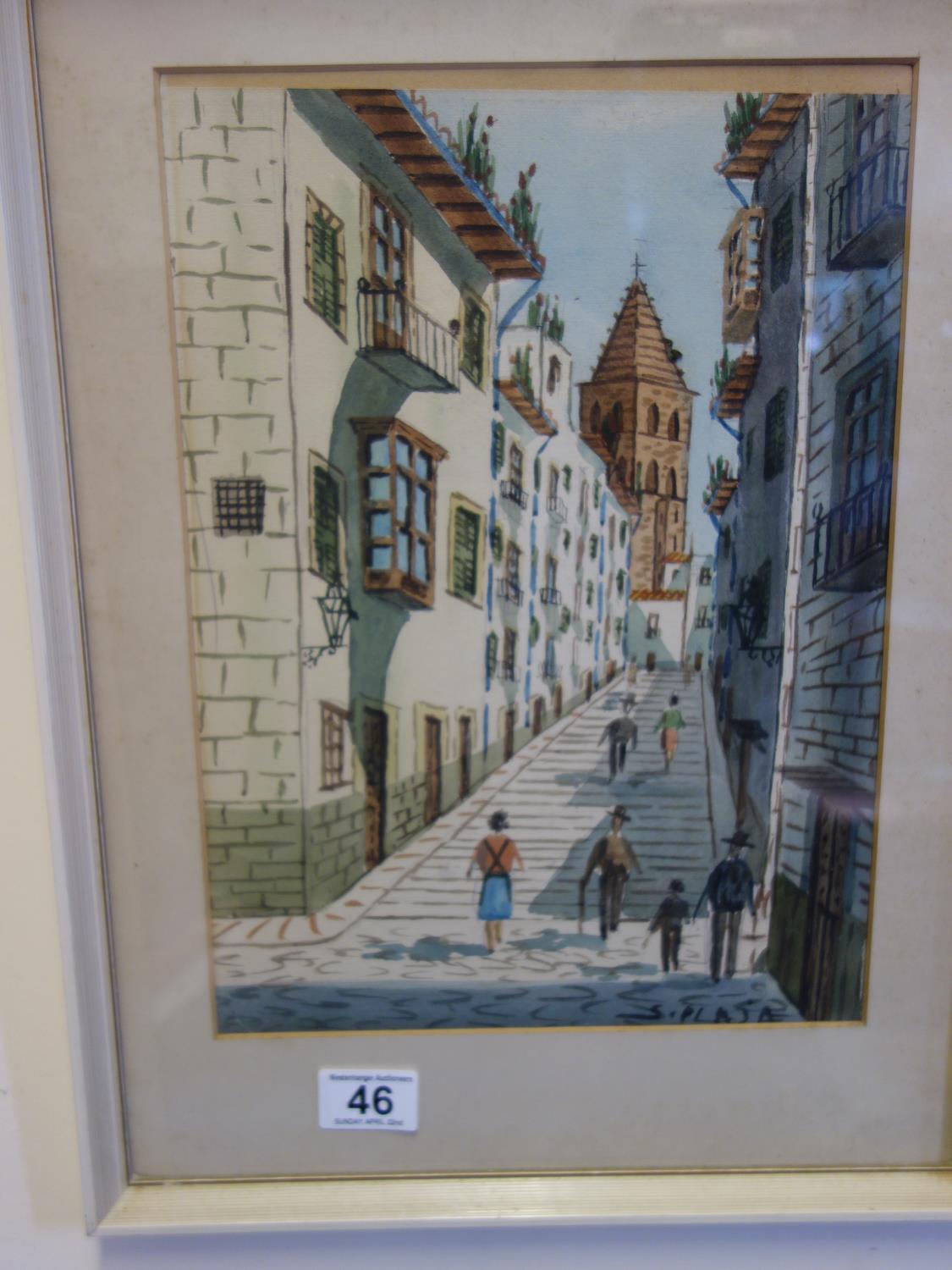 1950's watercolour of a Spanish Street scene, signed S Plaja? size 10" x 15"