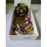 Box of items to include 800 silver pill pot and lid, gold front and back jewellery inclduing