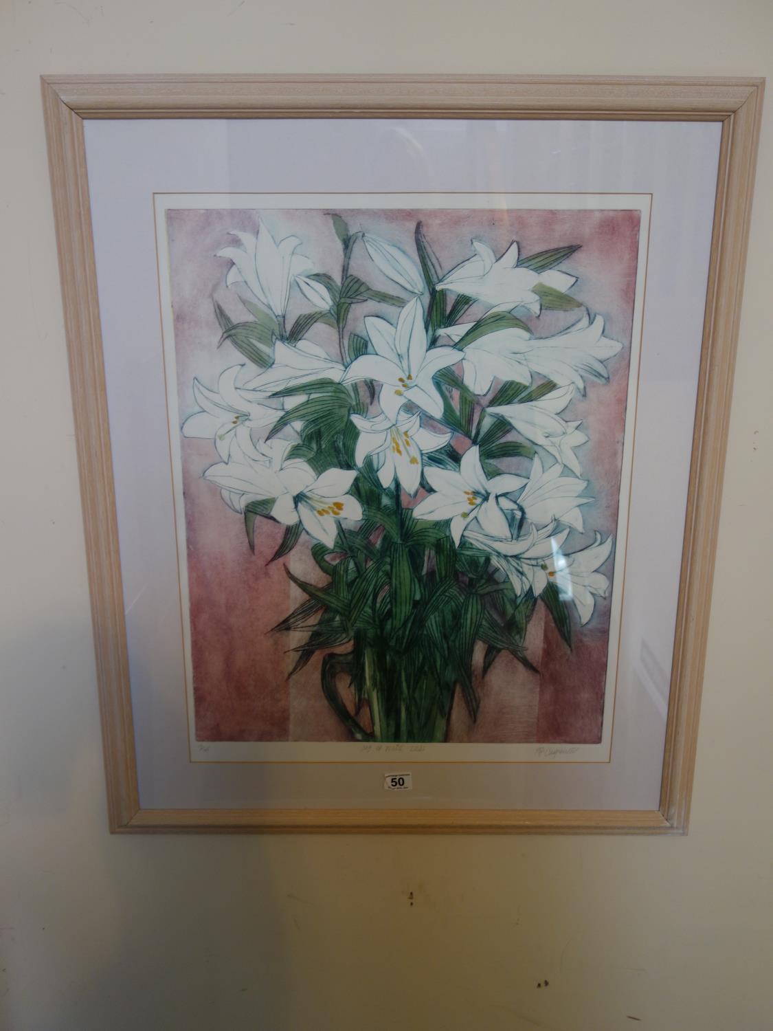 Signed limited edition print, a jug of white lilies, by Pip Carpenter, No:13 of 75, 24" x 36"