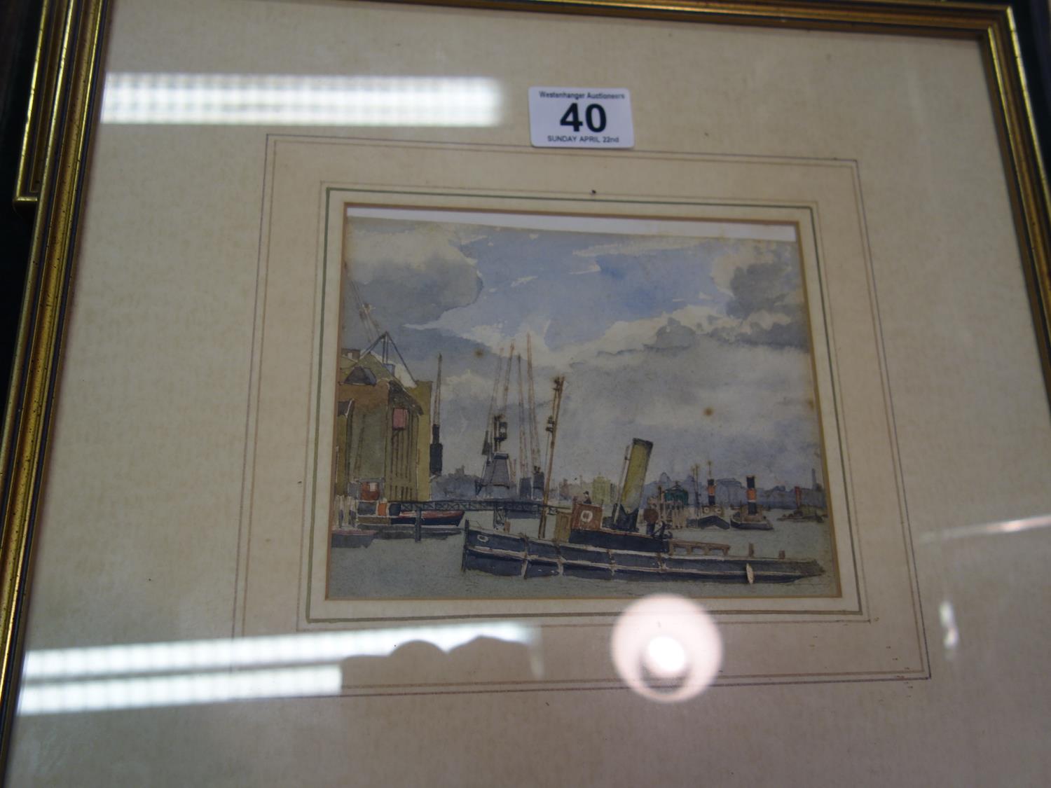 Douglas Ion Smart, gilt f/g watercolour of a tug boat on the Thames, panoramic Thames view image