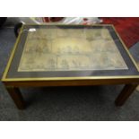 Vintage brass bound coffee table, the top decorated with antique style Shipping print with Tall