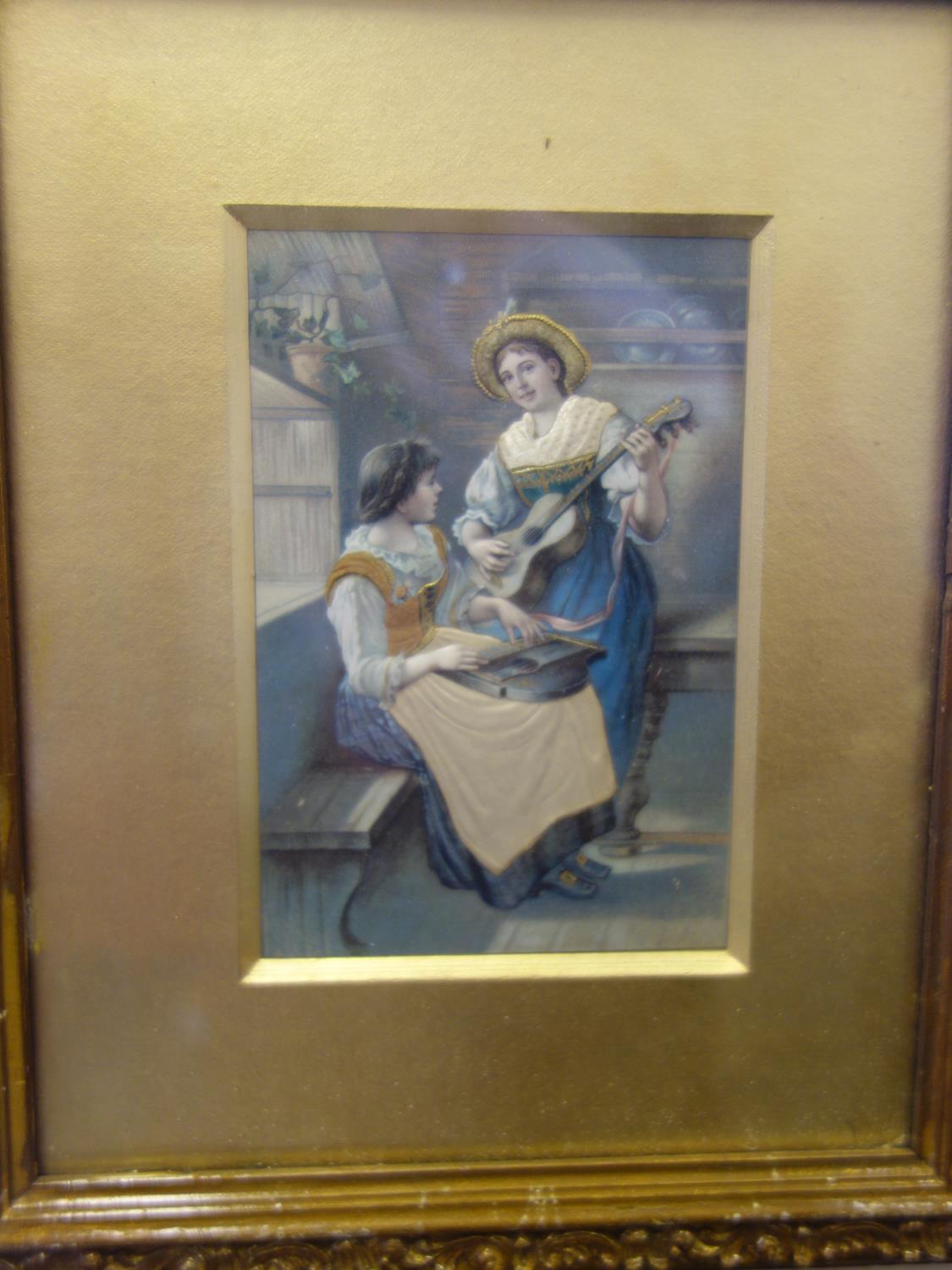 Pair of small chromolithograph hand touched early 20th century prints of Musicians in an interior - Image 3 of 3