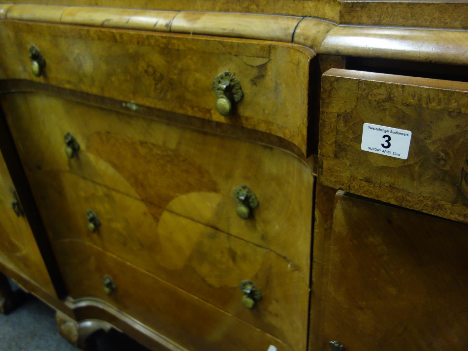 Good quality walnut inverted serpentine shaped sideboard with 4 ball and claw feet to the front, the - Image 2 of 2