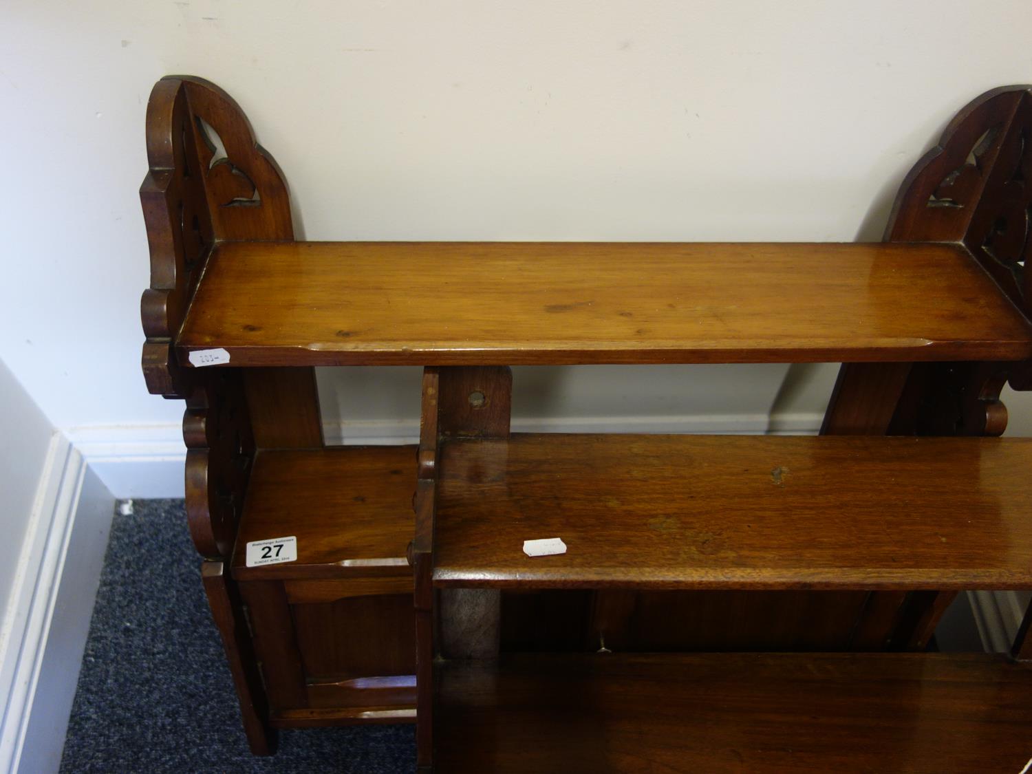 Late Victorian wall cupboard, Arts & Crafts design, 2 cupboards below 2 small shelves 20" tall 8"