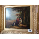 Gilt framed 18th century oil painting on board, The Wheat Harvesters, a Male and Female seated under